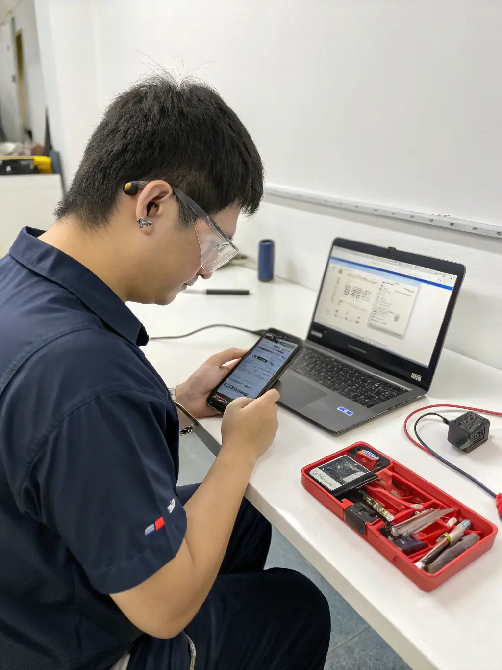 A technician remotely controlling a smartphone from a desktop computer, showcasing the full control capabilities of ioJump.