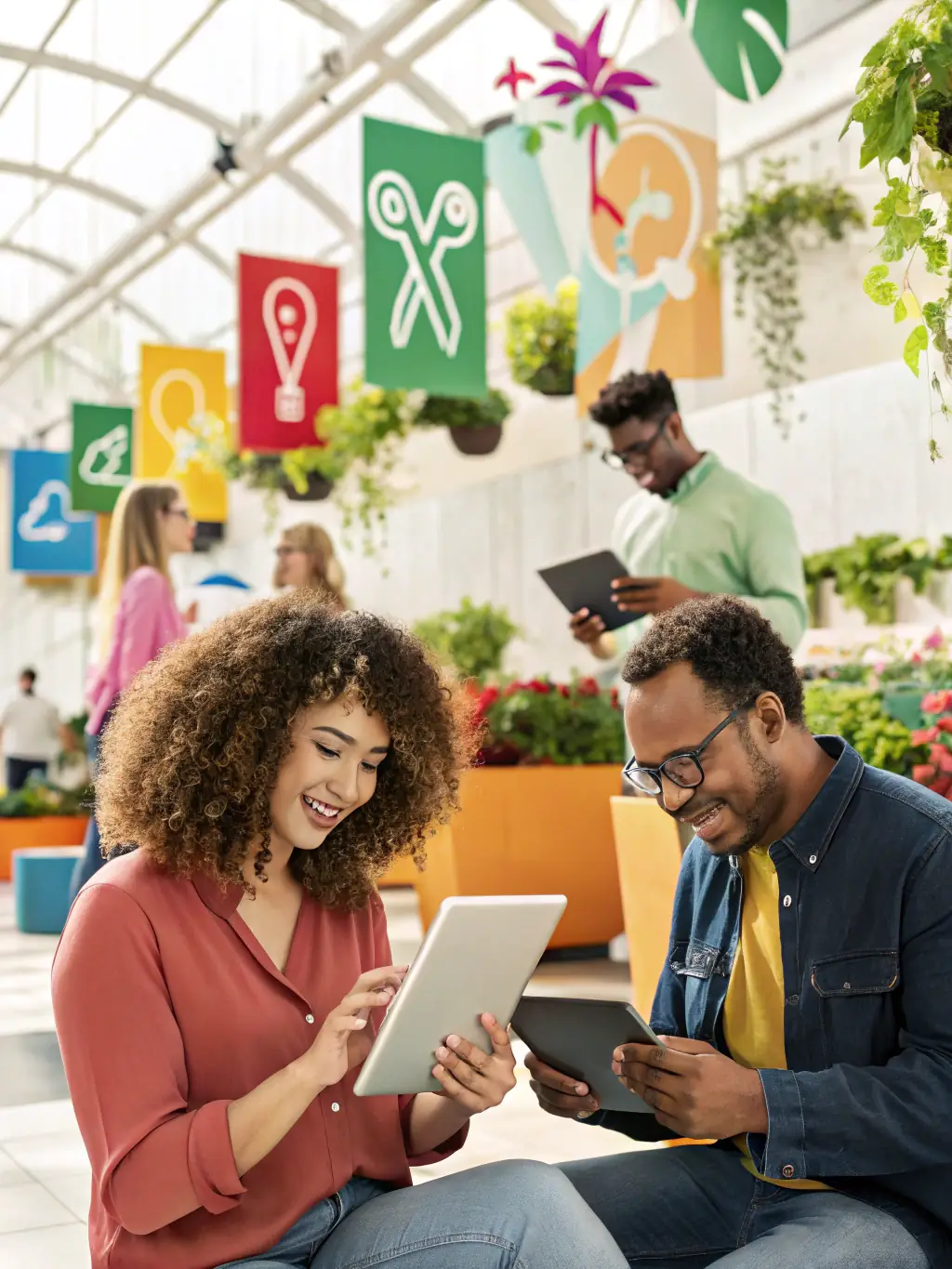 A diverse group of technicians and customers easily navigating the ioJump interface on various devices, highlighting the platform's user-friendly design.